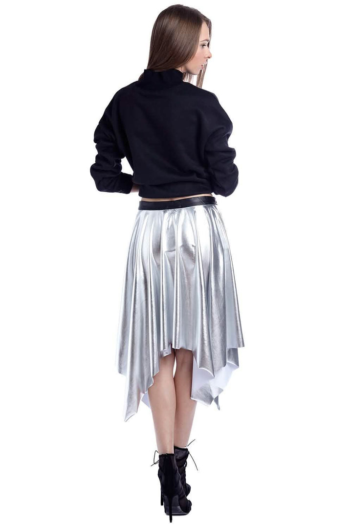 Glistening Silver Pleated Midi Skirt with Chic Leather Waistband Erin Theia