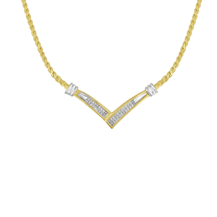 10K Gold Two-Tone Channel-Set Princess Cut Diamond V Pendant Necklace Lime Shadow