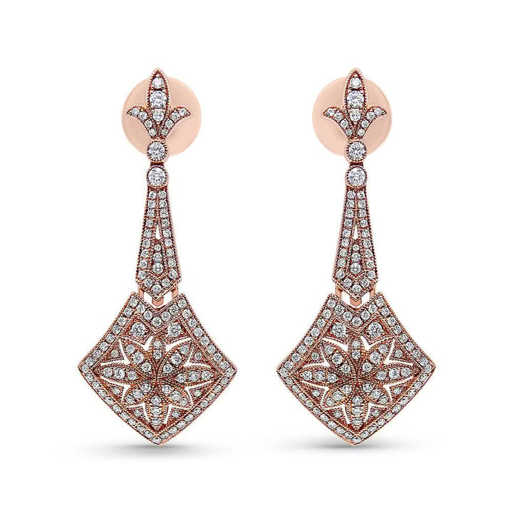 18K Rose Gold Diamond-Studded Fleur De Lis Drop Earrings with Trellis Design Lime Shadow