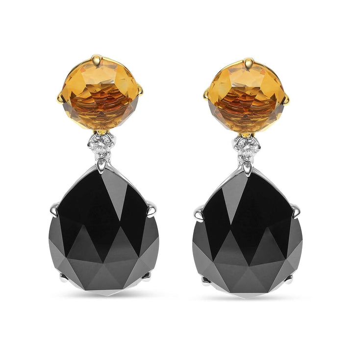 Elegant 18K Gold Dangle Earrings with Black Onyx and Citrine, Featuring Diamond Accents Lime Shadow