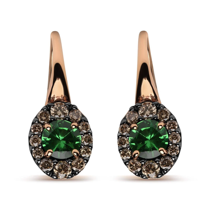 Elegant 18K Rose and White Gold Drop Hoop Earrings with Brown Diamonds and Green Tsavorite Lime Shadow