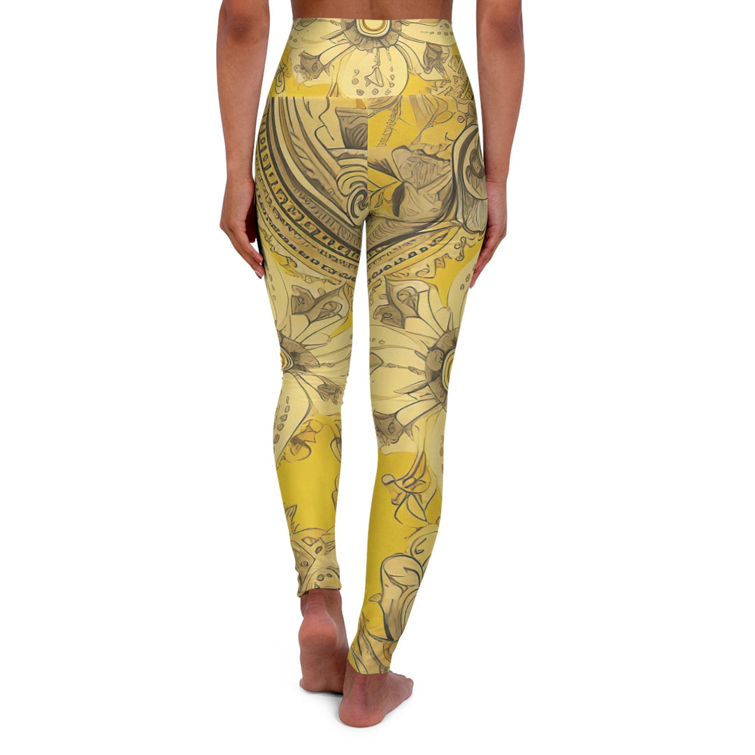 Womens High-waist Fitness Legging Yoga Pants - Floral Yellow Bandanna Grey Coco