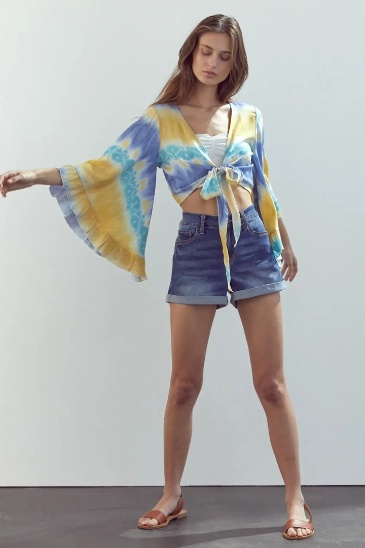 Frilly Sleeve Tie-Dye Cropped Cardigan with Front Knot Indigo Arrowwood