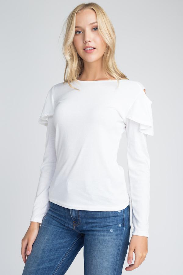 Women's Cold Shoulder Ruffle Long Sleeve Top Ivory Felix