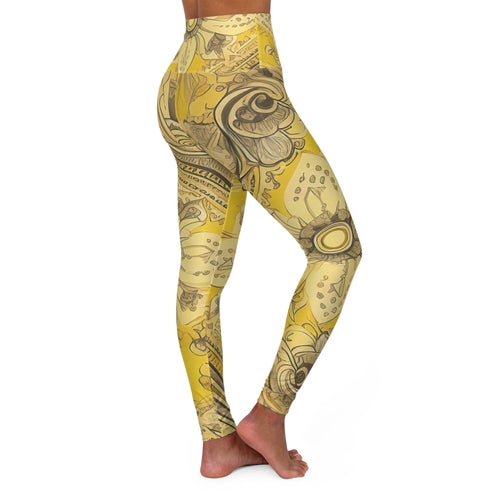 Womens High-waist Fitness Legging Yoga Pants - Floral Yellow Bandanna Grey Coco