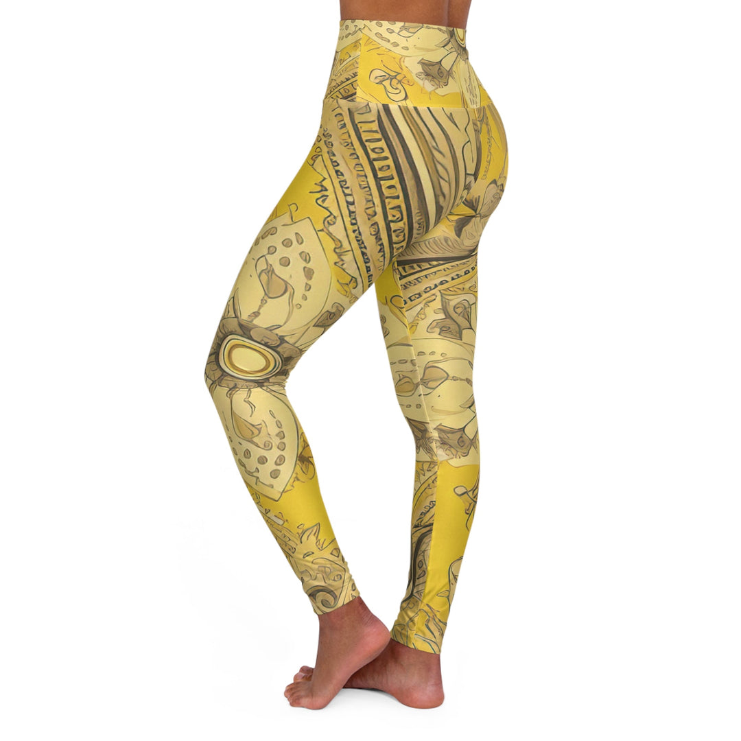 Womens High-waist Fitness Legging Yoga Pants - Floral Yellow Bandanna Grey Coco