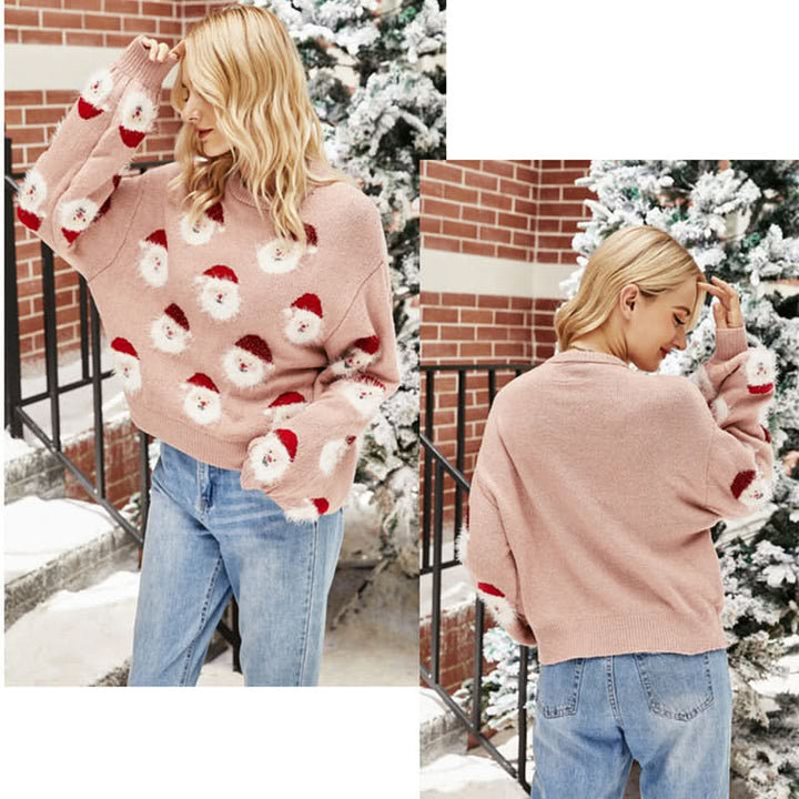 Christmas Sweater Women Cute Cartoon Santa Print Knit Sweater Winter 