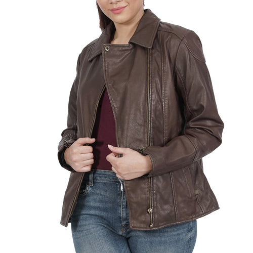 Kiara Zipper Brown Leather Jacket Azure Metis