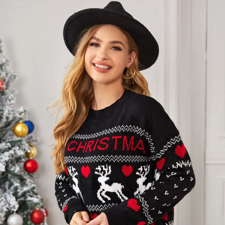 Adorable Christmas Elk Heart Design Pullover Sweater for Women