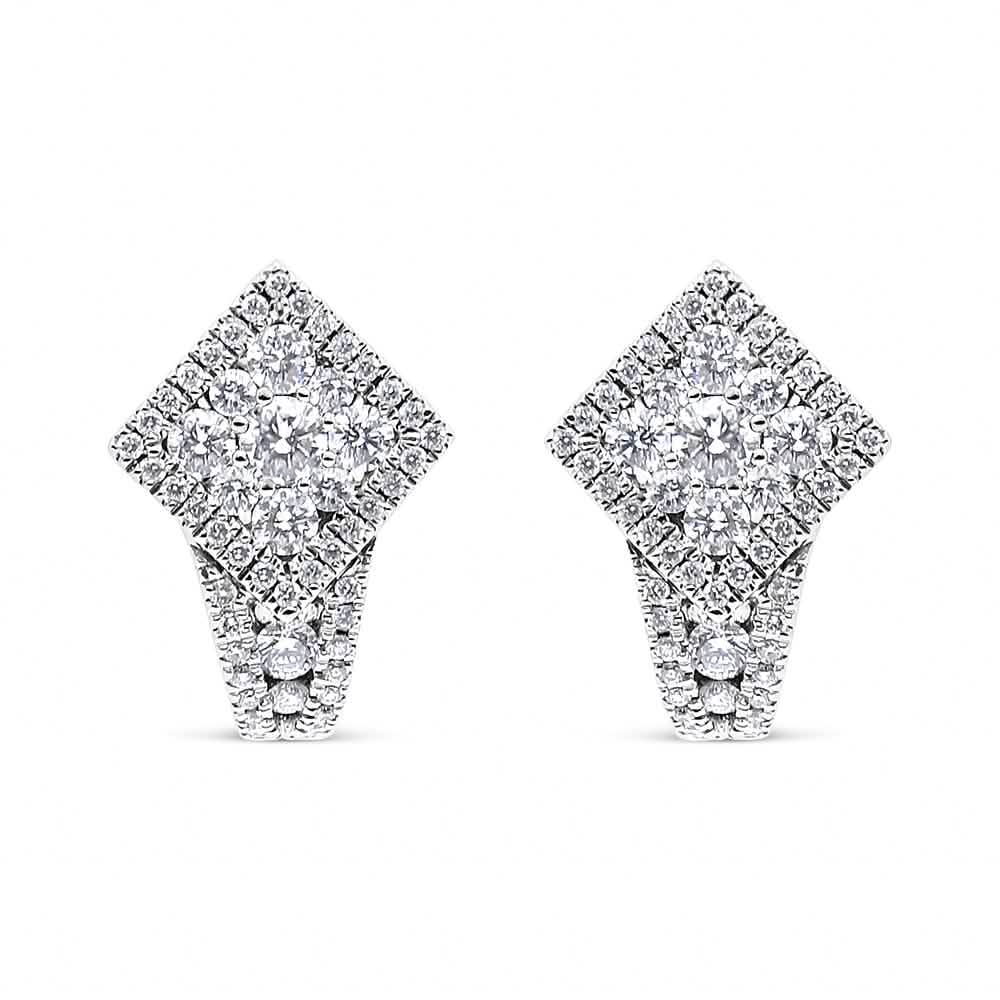 Diamond-Encrusted 18K White Gold Huggie Earrings with Halo Design and 1 1/10 Cttw Clusters Lime Shadow