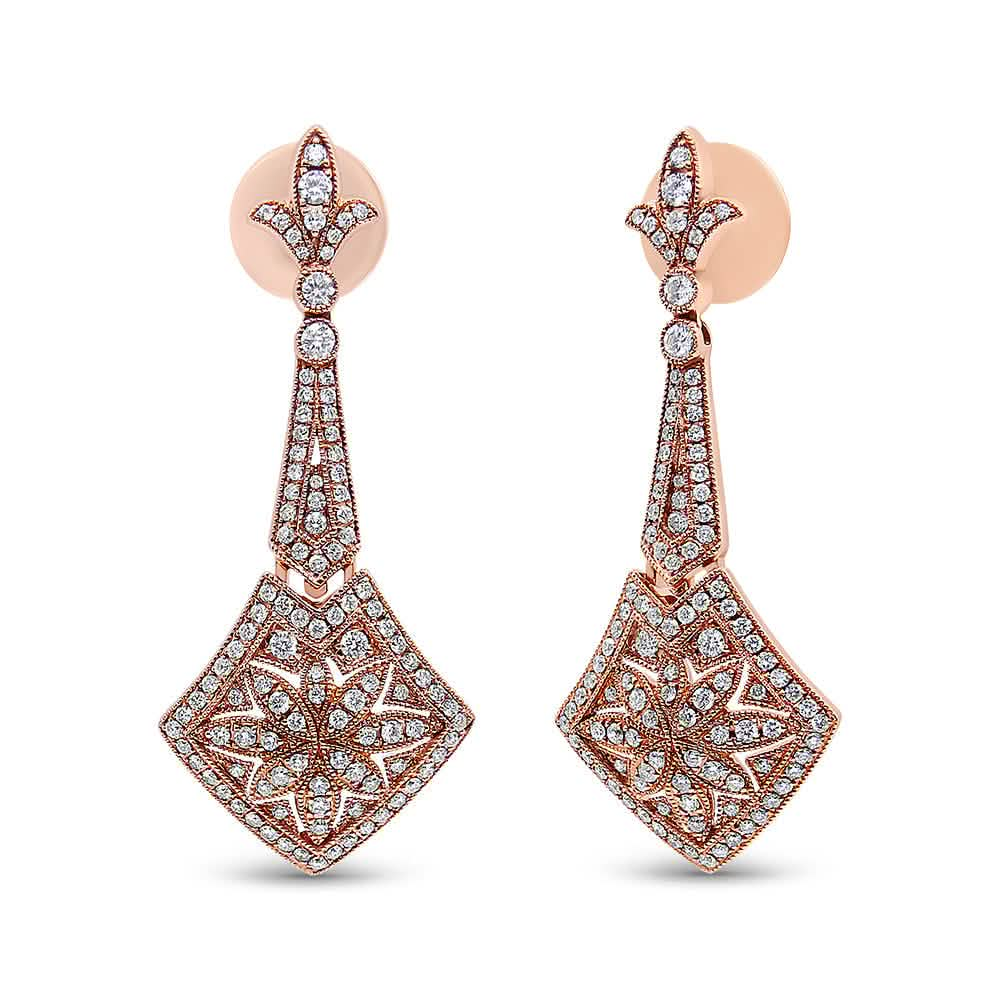 18K Rose Gold Diamond-Studded Fleur De Lis Drop Earrings with Trellis Design Lime Shadow