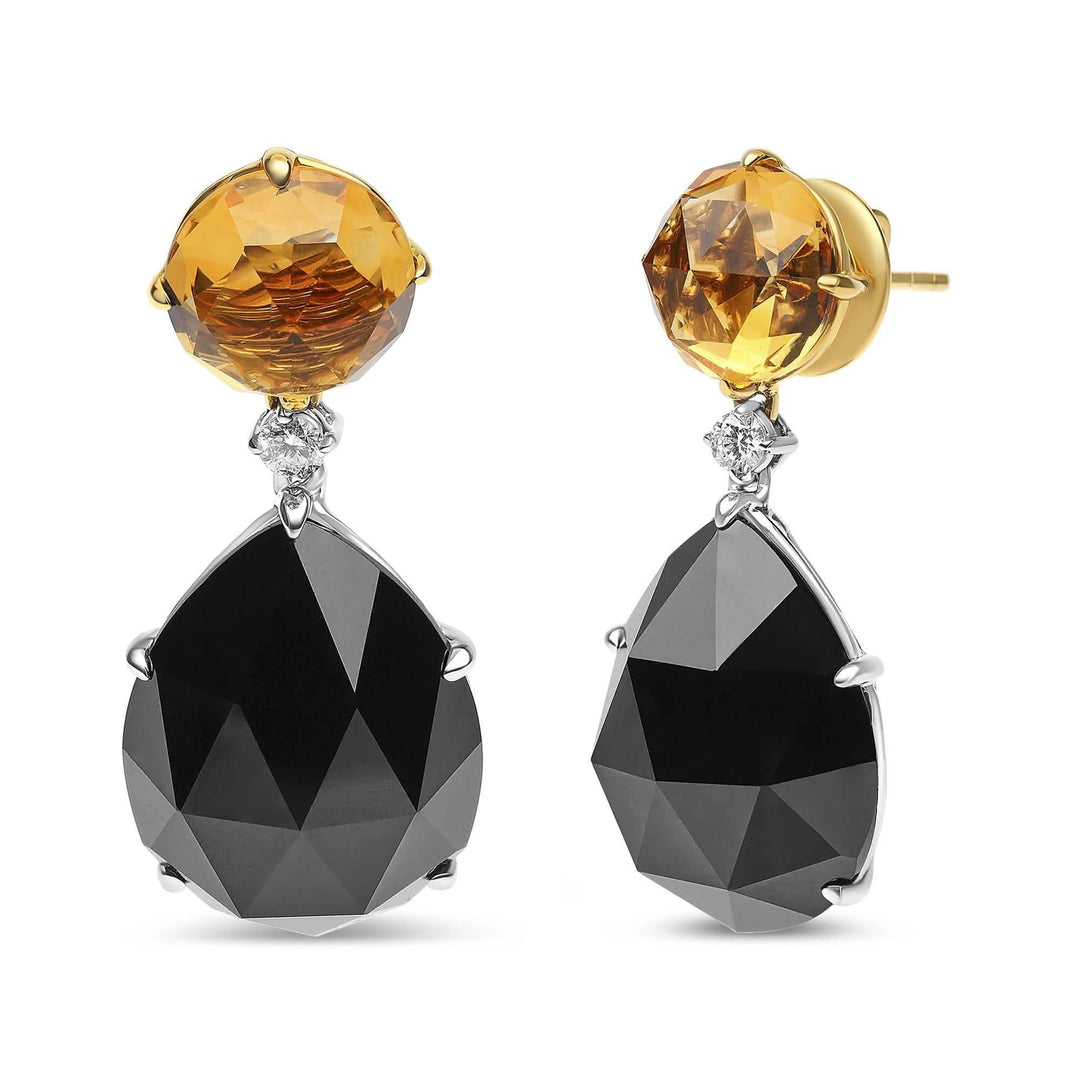 Elegant 18K Gold Dangle Earrings with Black Onyx and Citrine, Featuring Diamond Accents Lime Shadow