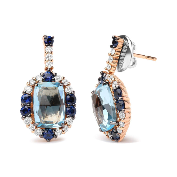 Elegant 18K White and Rose Gold Dangle Earrings with Diamonds and Blue Sapphires Lime Shadow