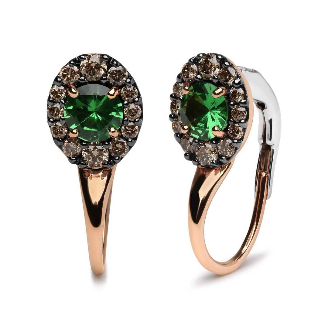 Elegant 18K Rose and White Gold Drop Hoop Earrings with Brown Diamonds and Green Tsavorite Lime Shadow