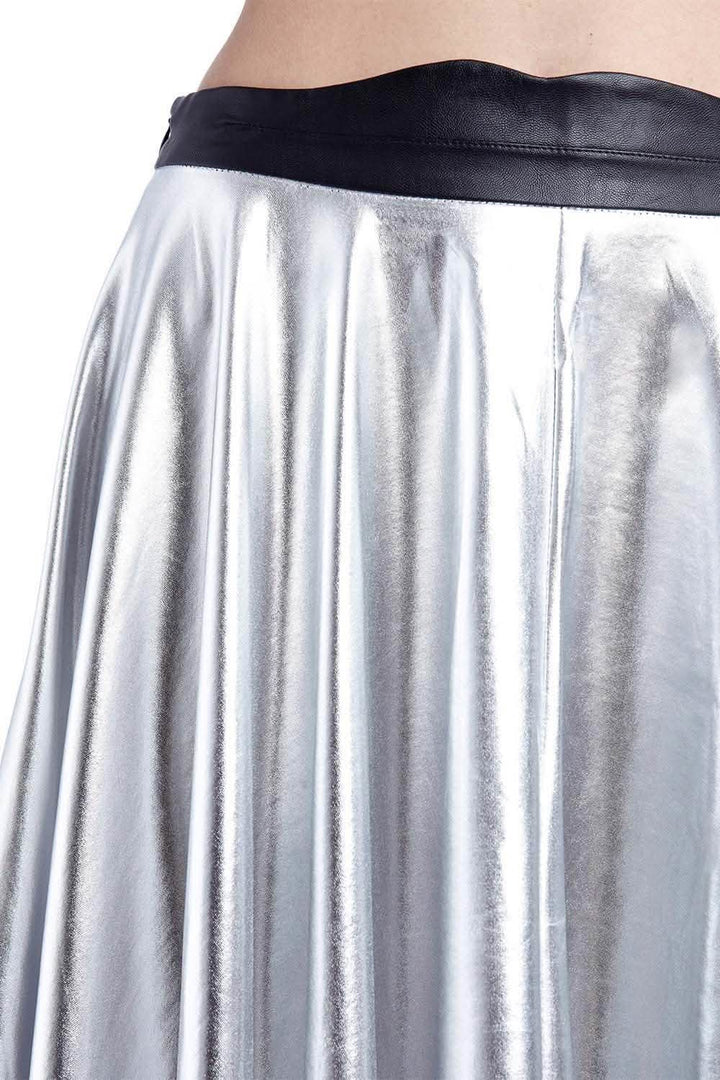 Glistening Silver Pleated Midi Skirt with Chic Leather Waistband Erin Theia