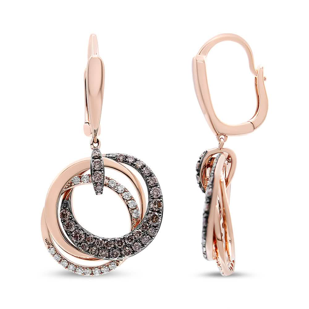 14K Rose Gold Diamond Hoop Drop Earrings with White and Brown Accents Lime Shadow