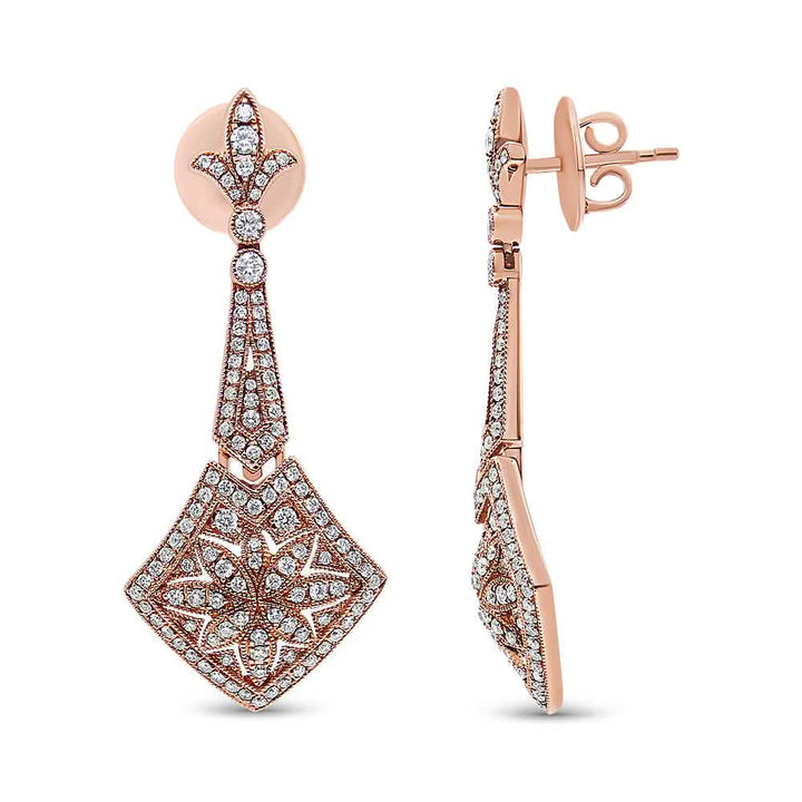 18K Rose Gold Diamond-Studded Fleur De Lis Drop Earrings with Trellis Design Lime Shadow