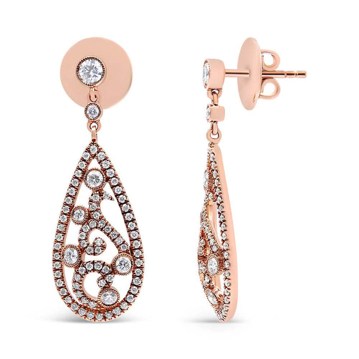 Exquisite 18K Rose Gold Diamond Teardrop Dangle Earrings with 1 1/4 Cttw Sparkle Lime Shadow