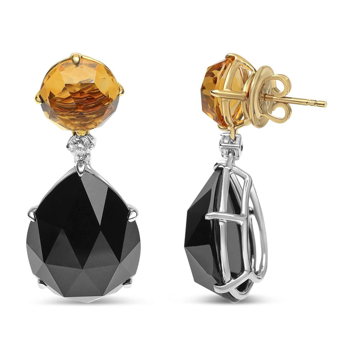 Elegant 18K Gold Dangle Earrings with Black Onyx and Citrine, Featuring Diamond Accents Lime Shadow