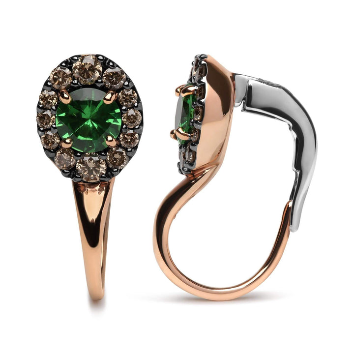 Elegant 18K Rose and White Gold Drop Hoop Earrings with Brown Diamonds and Green Tsavorite Lime Shadow