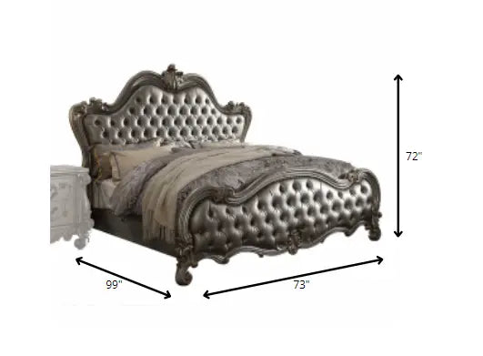 Opulent 73" x 99" Silver PU Antique Platinum Upholstered Bed Collection Jade