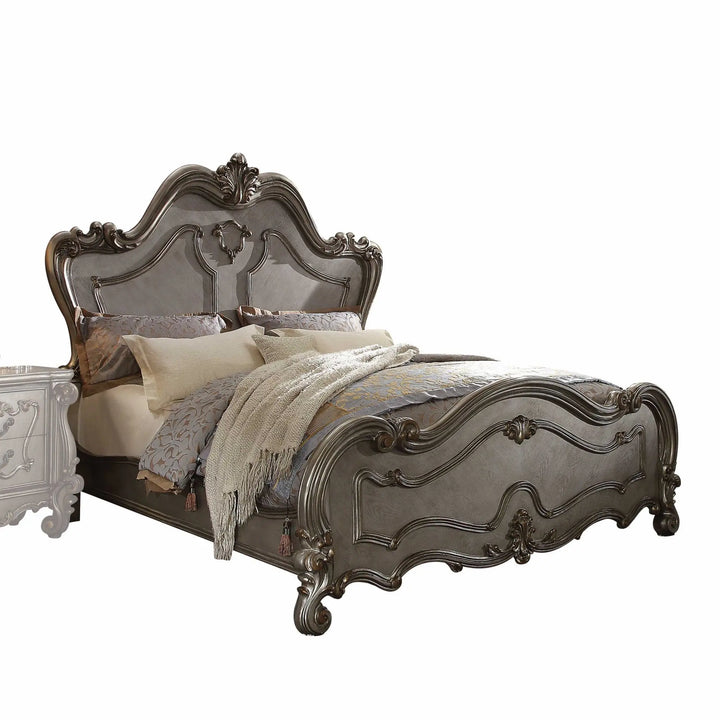 Regal Antique Platinum Eastern King Bed Set with Vintage Carvings and Storage Solutions Jade