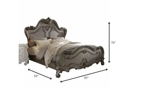 Regal Antique Platinum Eastern King Bed Set with Vintage Carvings and Storage Solutions Jade