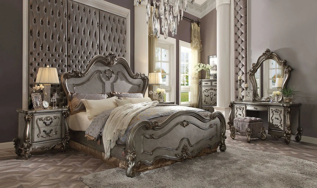 Regal Antique Platinum Eastern King Bed Set with Vintage Carvings and Storage Solutions Jade