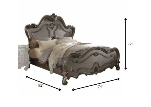 Regal Antique Platinum Eastern King Bed Set with Vintage Carvings and Storage Solutions Jade