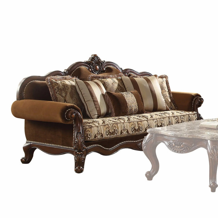 Elegant Traditional Upholstered Sofa with Cherry Oak Accents and Intricate Carvings, 37"x89"x46" Jade