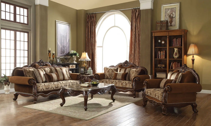 Elegant Traditional Upholstered Sofa with Cherry Oak Accents and Intricate Carvings, 37"x89"x46" Jade