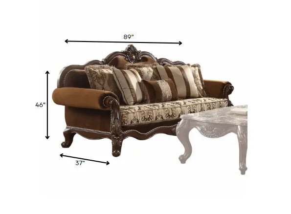 Elegant Traditional Upholstered Sofa with Cherry Oak Accents and Intricate Carvings, 37"x89"x46" Jade