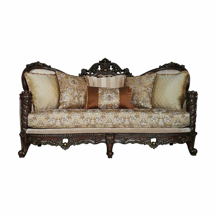 Luxurious 39" x 85" x 49" Dark Walnut Sofa with Elegant Upholstery and Decorative Cushions Jade