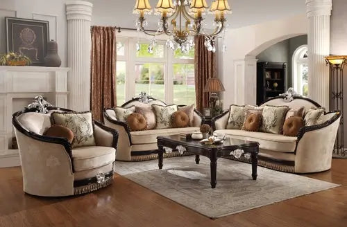 Sophisticated Tan Fabric and Black Wood Sofa with Decorative Pillows Jade