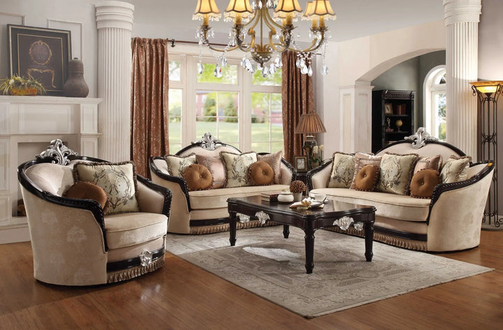 Sophisticated Tan Fabric and Black Wood Sofa with Decorative Pillows Jade