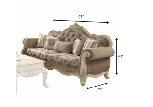 Elegant Vintage Oak Upholstered Sofa with Plush Decorative Pillows - 35"x93"x42" Design Jade