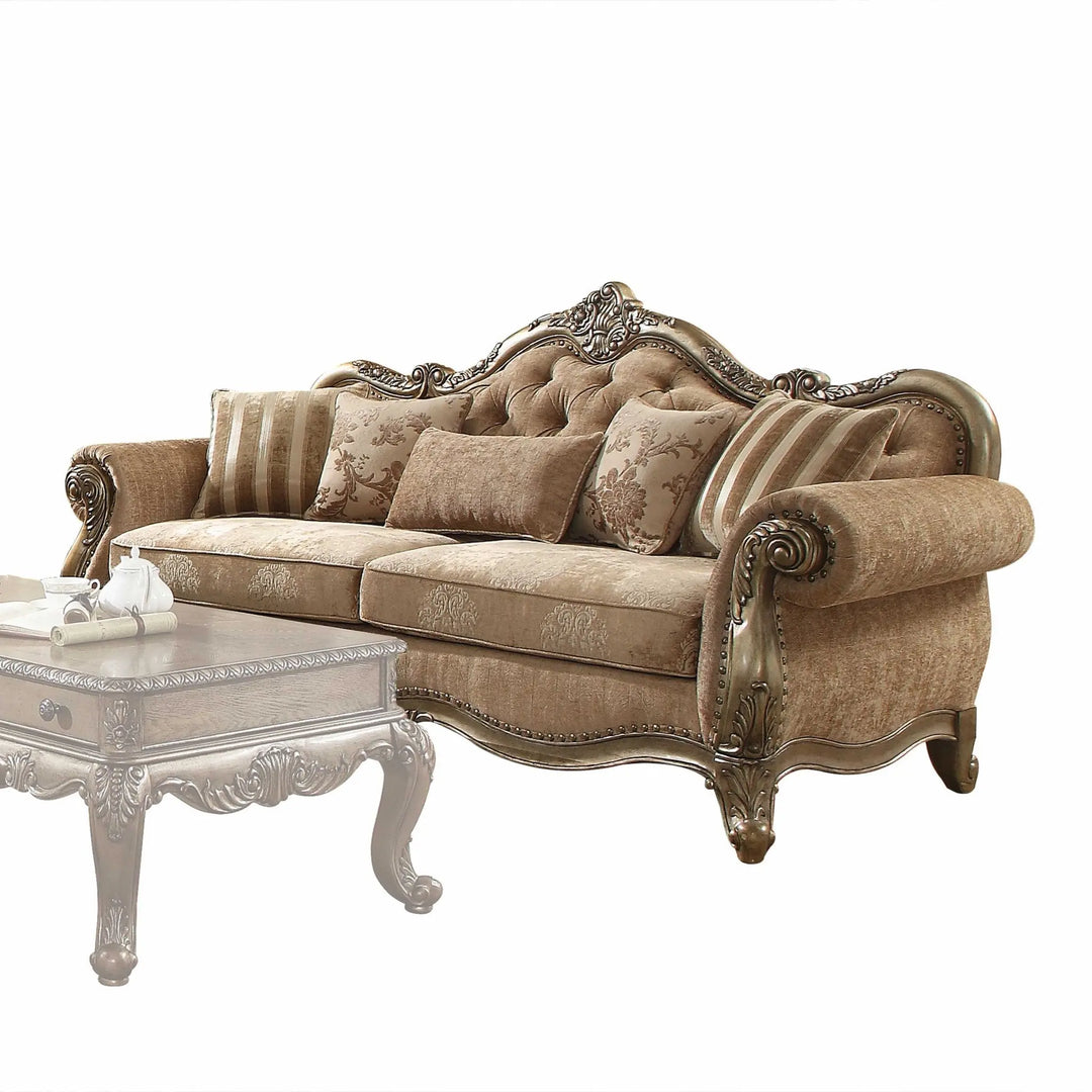 Elegant Vintage Oak Upholstered Sofa with Plush Decorative Pillows - 35"x93"x42" Design Jade