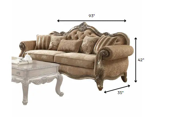 Elegant Vintage Oak Upholstered Sofa with Plush Decorative Pillows - 35"x93"x42" Design Jade