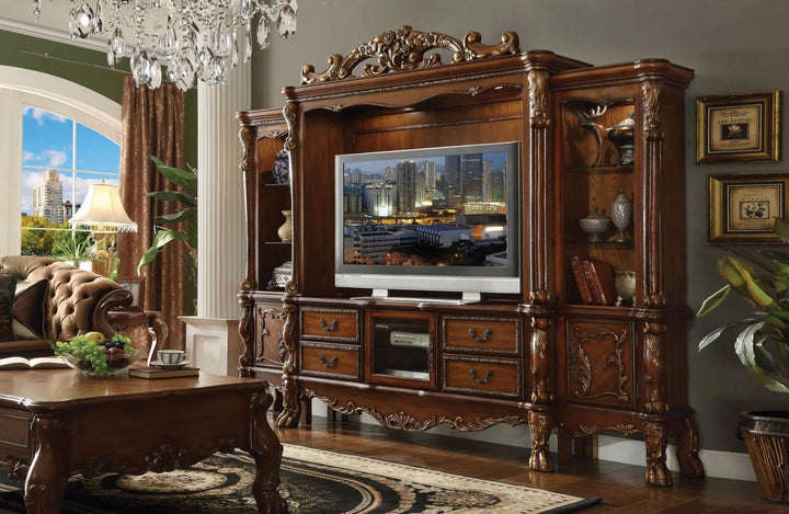 Cherry Oak Classic Entertainment Console with Decorative Glass Accents - 121" x 19" x 90" Jade