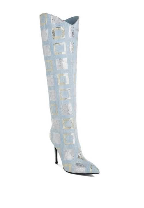 Glittering Checkered Sequin Stiletto Knee High Boots Coral Vanilla