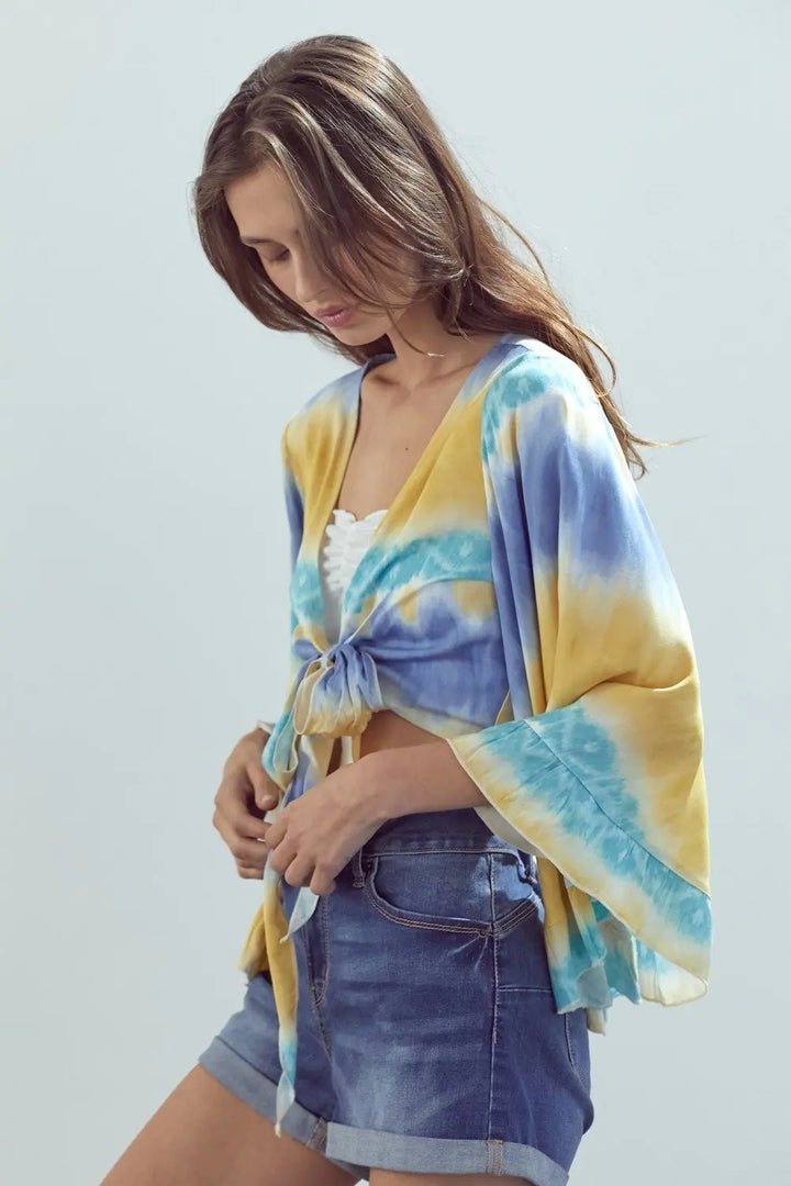 Frilly Sleeve Tie-Dye Cropped Cardigan with Front Knot Indigo Arrowwood