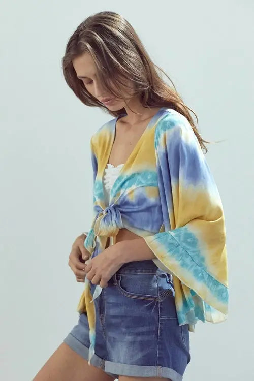 Frilly Sleeve Tie-Dye Cropped Cardigan with Front Knot Indigo Arrowwood