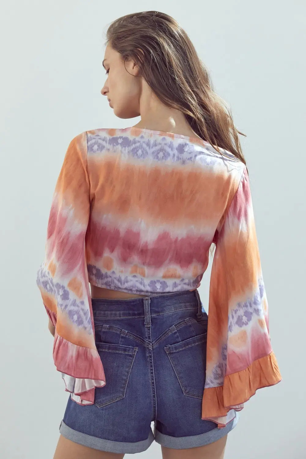 Frilly Sleeve Tie-Dye Cropped Cardigan with Front Knot Indigo Arrowwood