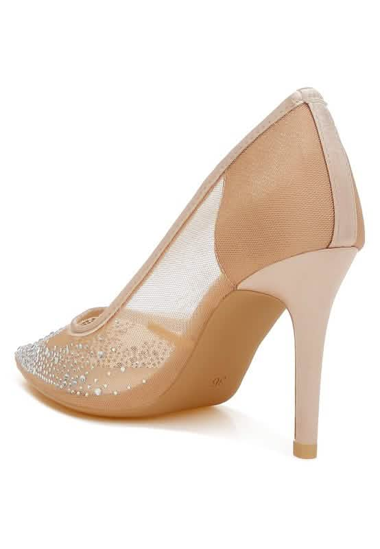 Glamorous Rhinestone-Embellished Mesh Stiletto Heels Coral Vanilla