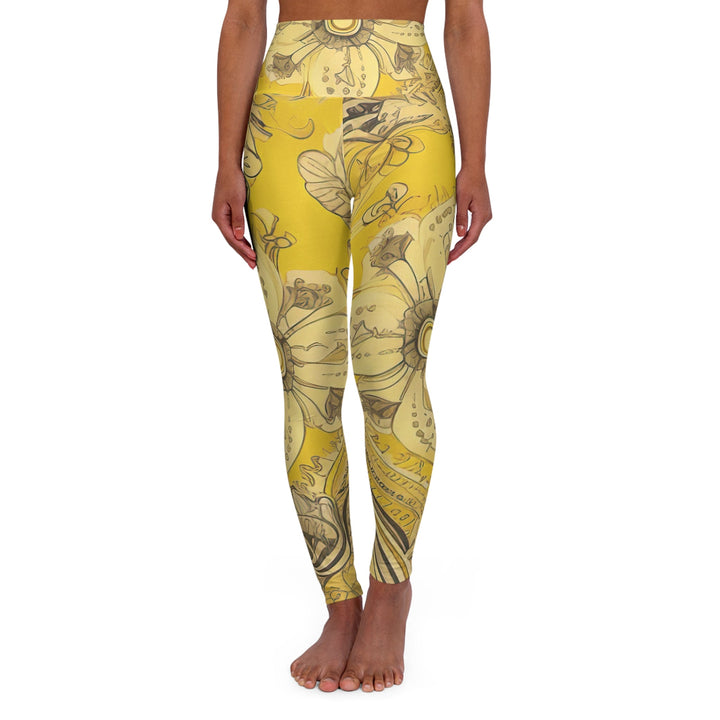 Womens High-waist Fitness Legging Yoga Pants - Floral Yellow Bandanna Grey Coco