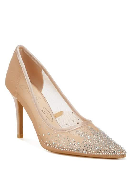 Glamorous Rhinestone-Embellished Mesh Stiletto Heels Coral Vanilla