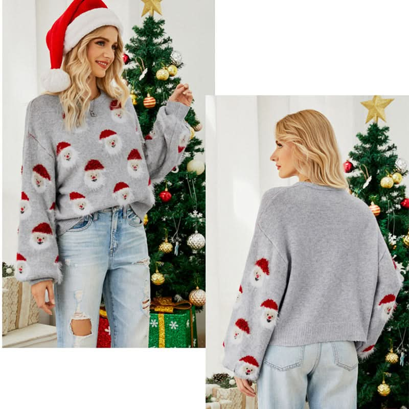 Christmas Sweater Women Cute Cartoon Santa Print Knit Sweater Winter 