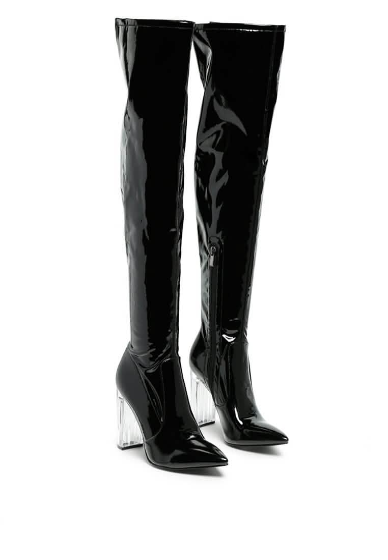 Gorgeous Patent PU Over-the-Knee Boots with Transparent Block Heels Ruby Smudge