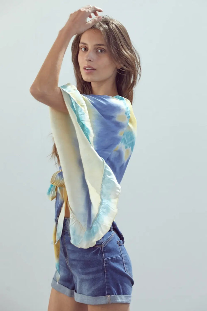 Frilly Sleeve Tie-Dye Cropped Cardigan with Front Knot Indigo Arrowwood