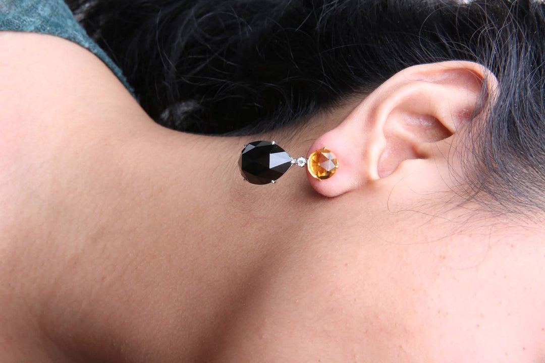 Elegant 18K Gold Dangle Earrings with Black Onyx and Citrine, Featuring Diamond Accents Lime Shadow